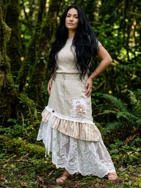Upcycled Linen Blend Woodland Fairy Cream Maxi Skirt Lace Ruffle Boho Large
